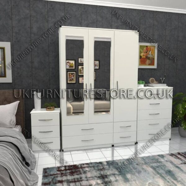White 3 Door Wardrobe Set With 2 Mirrors and 4 Bottom Drawers