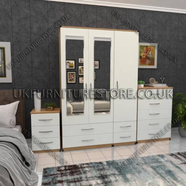 Front White Side Oak 3 Door Wardrobe Set With 2 Mirrors and 4 Bottom Drawers