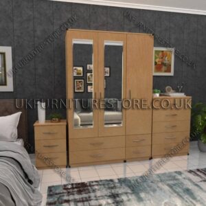 Beech 3 Door Wardrobe Set With 2 Mirrors and 4 Bottom Drawers