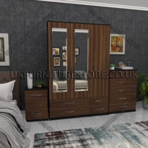 Front Walnut Side Black 3 Door Wardrobe Set With 2 Mirrors and 4 Bottom Drawers