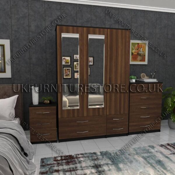 Front Walnut Side Black 3 Door Wardrobe Set With 2 Mirrors and 4 Bottom Drawers