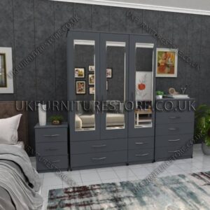 Gray 3 Door Wardrobe Set With 3 Mirrors and 4 Bottom Drawers