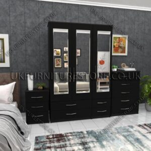 Black 3 Door Wardrobe Set With 3 Mirrors and 4 Bottom Drawers
