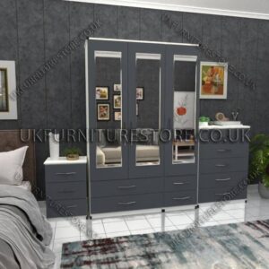 Front Gray Side White 3 Door Wardrobe Set With 3 Mirrors and 4 Bottom Drawers