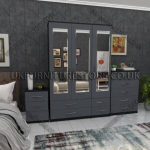 Front Gray Side Black 3 Door Wardrobe Set With 3 Mirrors and 4 Bottom Drawers