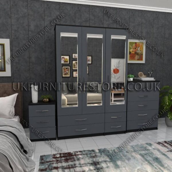 Front Gray Side Black 3 Door Wardrobe Set With 3 Mirrors and 4 Bottom Drawers