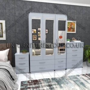 Silver 3 Door Wardrobe Set With 3 Mirrors and 4 Bottom Drawers