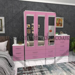 Front Pink Side White 3 Door Wardrobe Set With 3 Mirrors and 4 Bottom Drawers