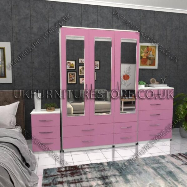 Front Pink Side White 3 Door Wardrobe Set With 3 Mirrors and 4 Bottom Drawers