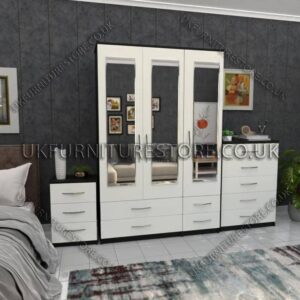 Front White Side Black 3 Door Wardrobe Set With 3 Mirrors and 4 Bottom Drawers