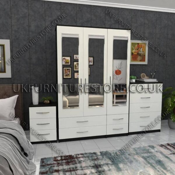 Front White Side Black 3 Door Wardrobe Set With 3 Mirrors and 4 Bottom Drawers