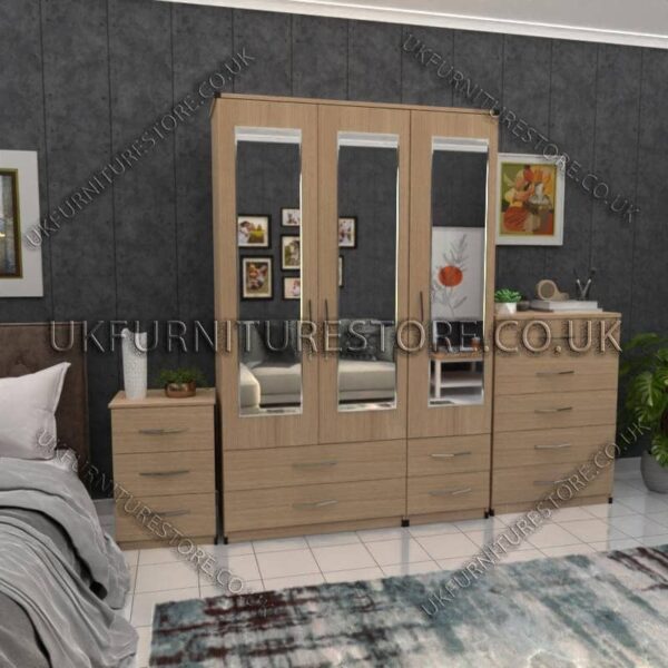 Oak 3 Door Wardrobe Set With 3 Mirrors and 4 Bottom Drawers
