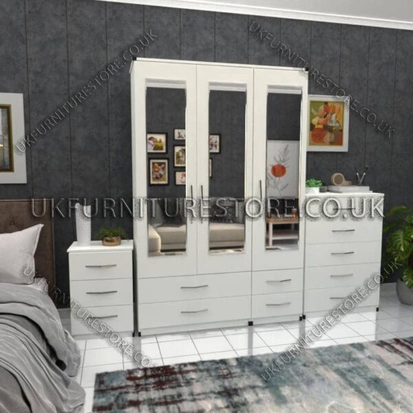 White 3 Door Wardrobe Set With 3 Mirrors and 4 Bottom Drawers