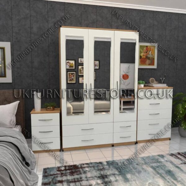 Front White Side Oak 3 Door Wardrobe Set With 3 Mirrors and 4 Bottom Drawers