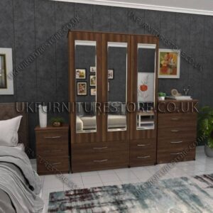 Walnut 3 Door Wardrobe Set With 3 Mirrors and 4 Bottom Drawers