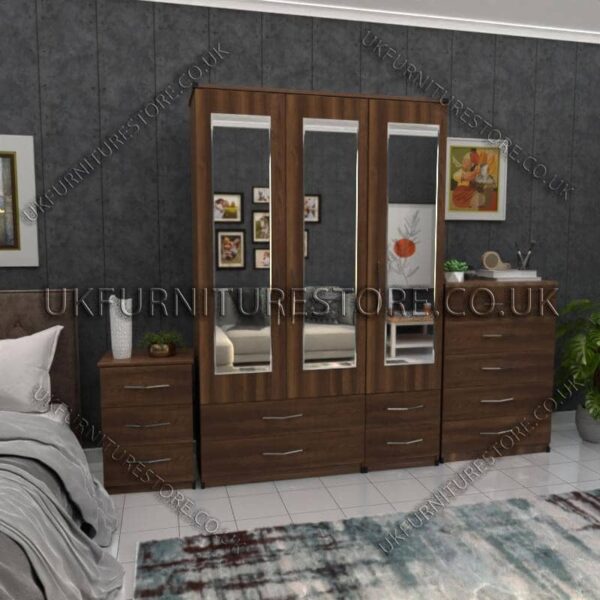 Walnut 3 Door Wardrobe Set With 3 Mirrors and 4 Bottom Drawers
