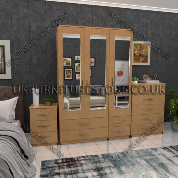 Beech 3 Door Wardrobe Set With 3 Mirrors and 4 Bottom Drawers
