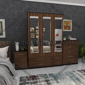 Front Walnut Side Black 3 Door Wardrobe Set With 3 Mirrors and 4 Bottom Drawers