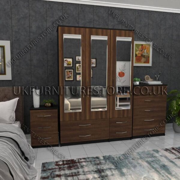 Front Walnut Side Black 3 Door Wardrobe Set With 3 Mirrors and 4 Bottom Drawers