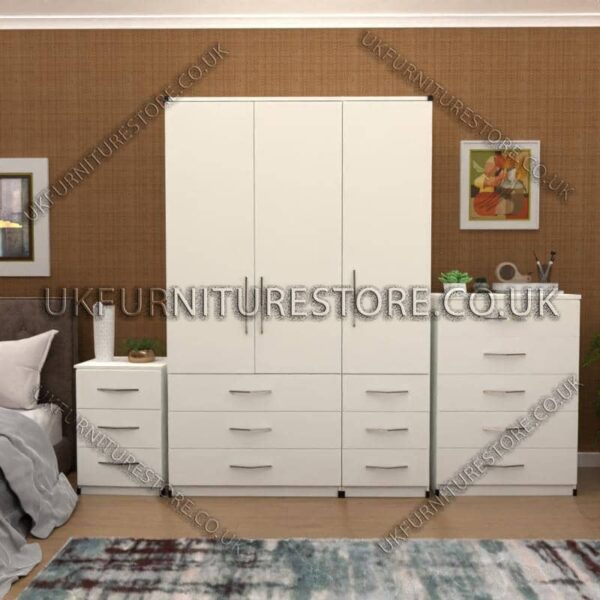 White 3 Door Wardrobe Set With 6 Bottom Drawers
