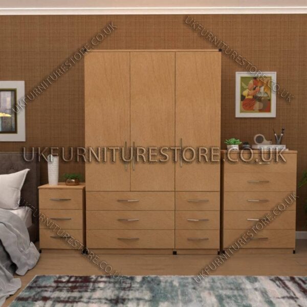 Beech 3 Door Wardrobe Set With 6 Bottom Drawers