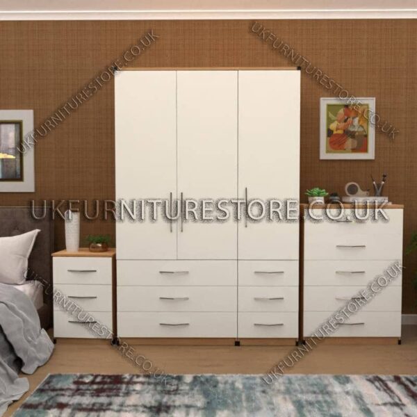 Front White Side Oak 3 Door Wardrobe Set With 6 Bottom Drawers