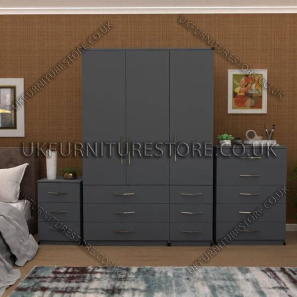 Gray 3 Door Wardrobe Set With 6 Bottom Drawers