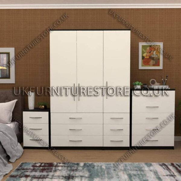 Front White Side Black 3 Door Wardrobe Set With 6 Bottom Drawers