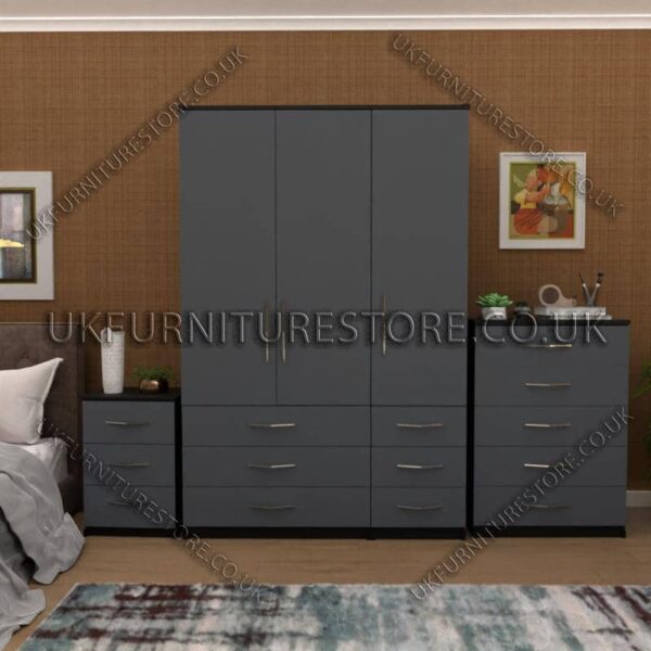 Front Gray Side Black 3 Door Wardrobe Set With 6 Bottom Drawers