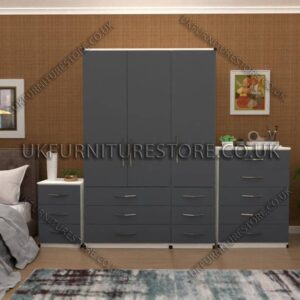 Front Gray Side White 3 Door Wardrobe Set With 6 Bottom Drawers