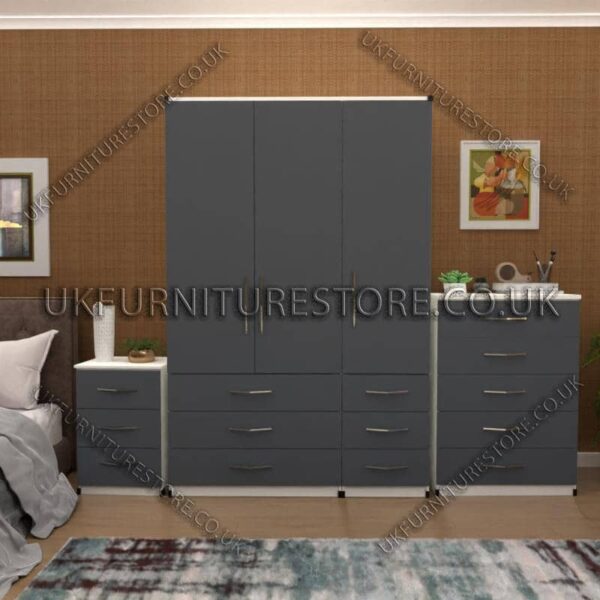 Front Gray Side White 3 Door Wardrobe Set With 6 Bottom Drawers