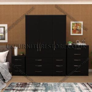 Black 3 Door Wardrobe Set With 6 Bottom Drawers