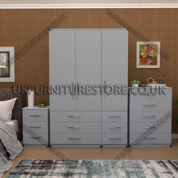 Silver 3 Door Wardrobe Set With 6 Bottom Drawers