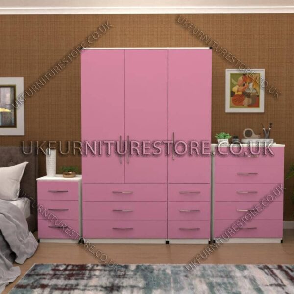 Front Pink Side White 3 Door Wardrobe Set With 6 Bottom Drawers