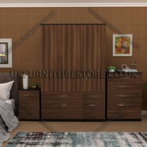 Front Walnut Side Black 3 Door Wardrobe Set With 6 Bottom Drawers