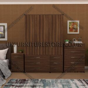 Walnut 3 Door Wardrobe Set With 6 Bottom Drawers