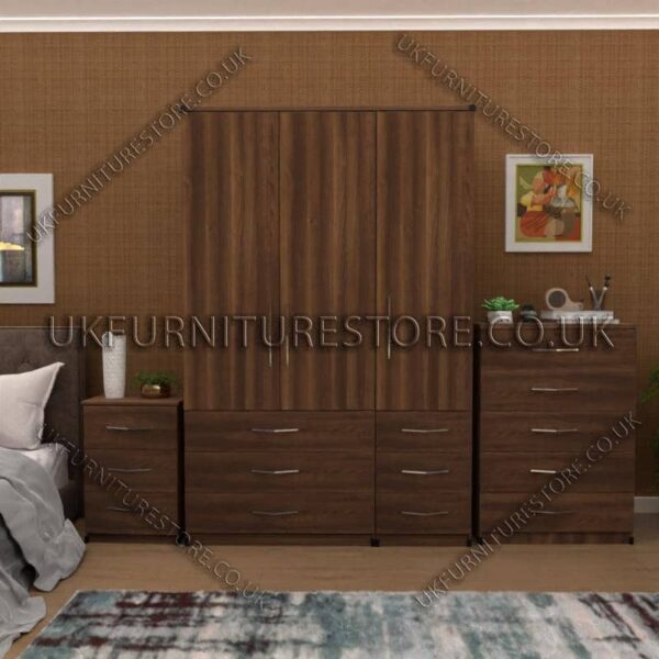Walnut 3 Door Wardrobe Set With 6 Bottom Drawers