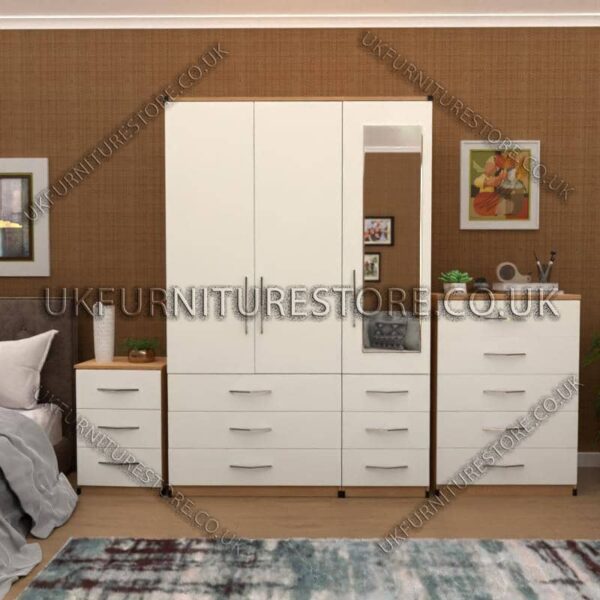 Front White Side Oak 3 Door Wardrobe Set With 1 Mirror and 6 Bottom Drawers