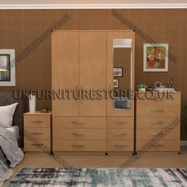 Beech 3 Door Wardrobe Set With 1 Mirror and 6 Bottom Drawers