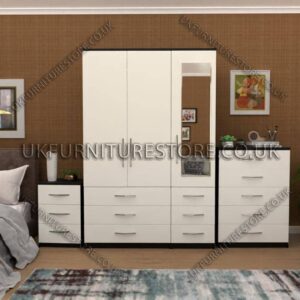 Front White Side Black 3 Door Wardrobe Set With 1 Mirror and 6 Bottom Drawers
