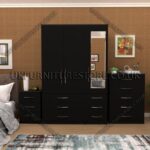 Black 3 Door Wardrobe Set With 1 Mirror and 6 Bottom Drawers
