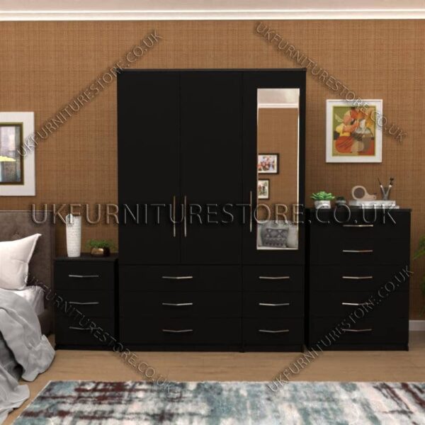 Black 3 Door Wardrobe Set With 1 Mirror and 6 Bottom Drawers