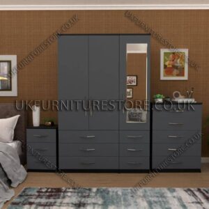 Front Gray Side Black 3 Door Wardrobe Set With 1 Mirror and 6 Bottom Drawers