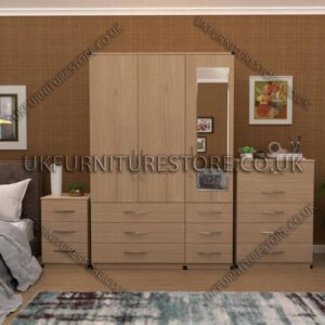 Oak 3 Door Wardrobe Set With 1 Mirror and 6 Bottom Drawers