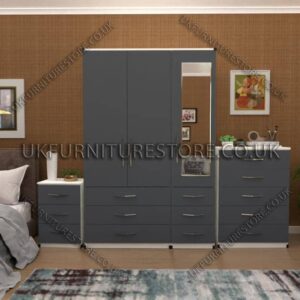 Front Gray Side White 3 Door Wardrobe Set With 1 Mirror and 6 Bottom Drawers