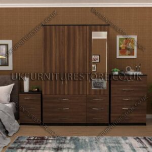 Front Walnut Side Black 3 Door Wardrobe Set With 1 Mirror and 6 Bottom Drawers