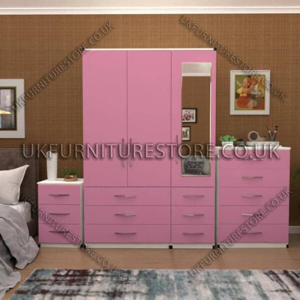 Front Pink Side White 3 Door Wardrobe Set With 1 Mirror and 6 Bottom Drawers