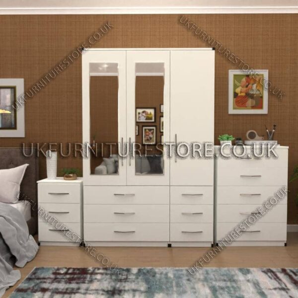 White 3 Door Wardrobe Set With 2 Mirrors and 6 Bottom Drawers