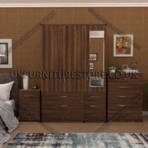 Walnut 3 Door Wardrobe Set With 1 Mirror and 6 Bottom Drawers