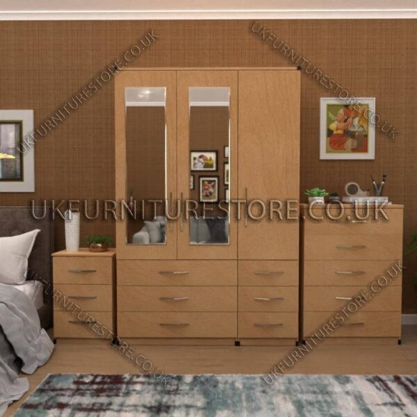 Beech 3 Door Wardrobe Set With 2 Mirrors and 6 Bottom Drawers